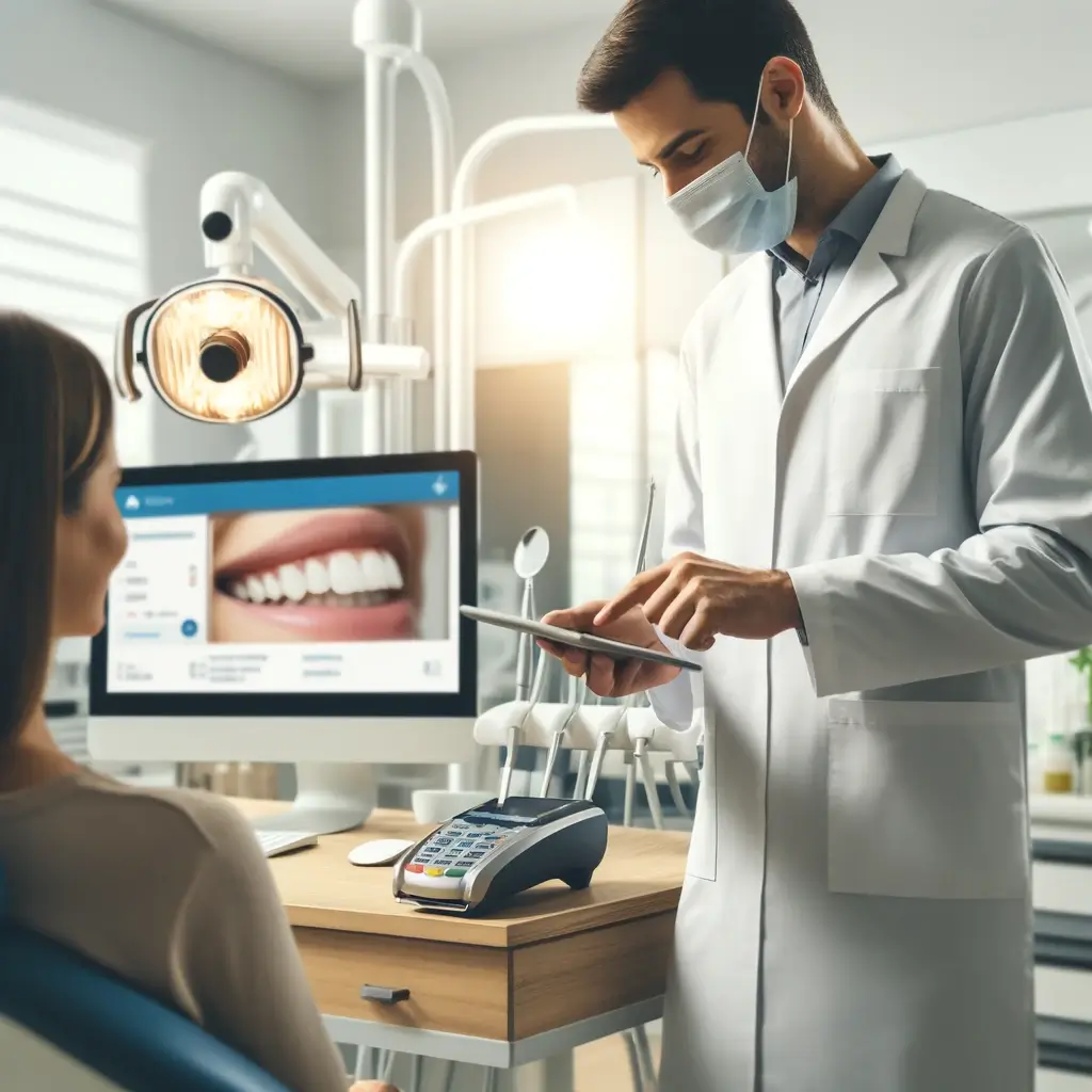dentist using a digital payment system at a dental clinic