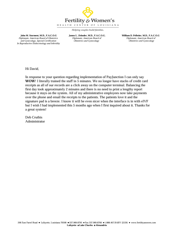 Signed client recommendation letter from Fertility & Women's Health Center of Louisiana