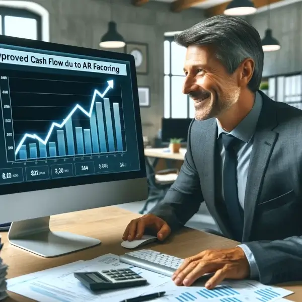 happy business owner in an office, looking at a computer screen displaying graphs of improved cash flow due to AR factoring.
