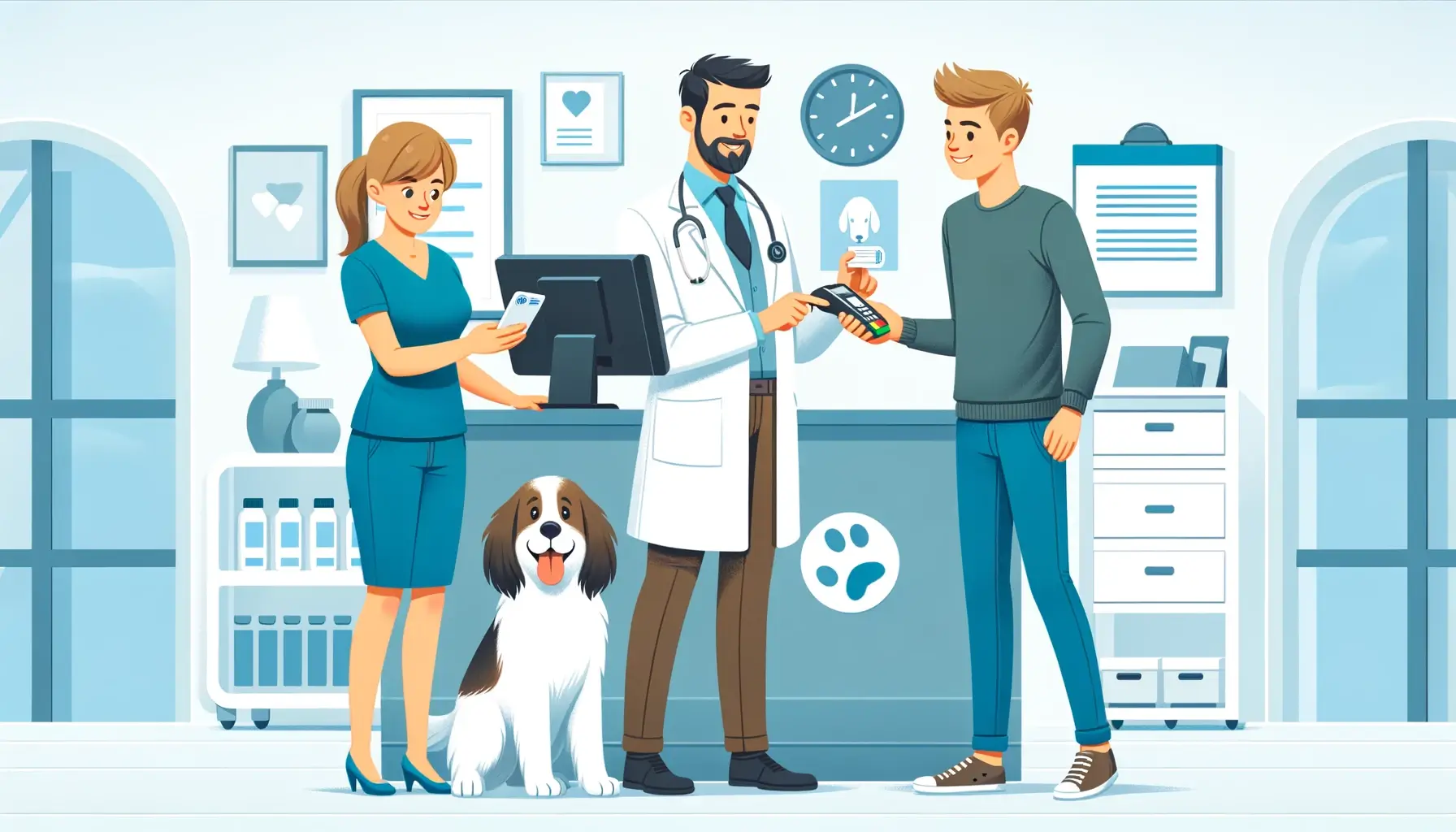 a veterinarian accepting a mobile payment from a pet owner in a modern veterinary clinic