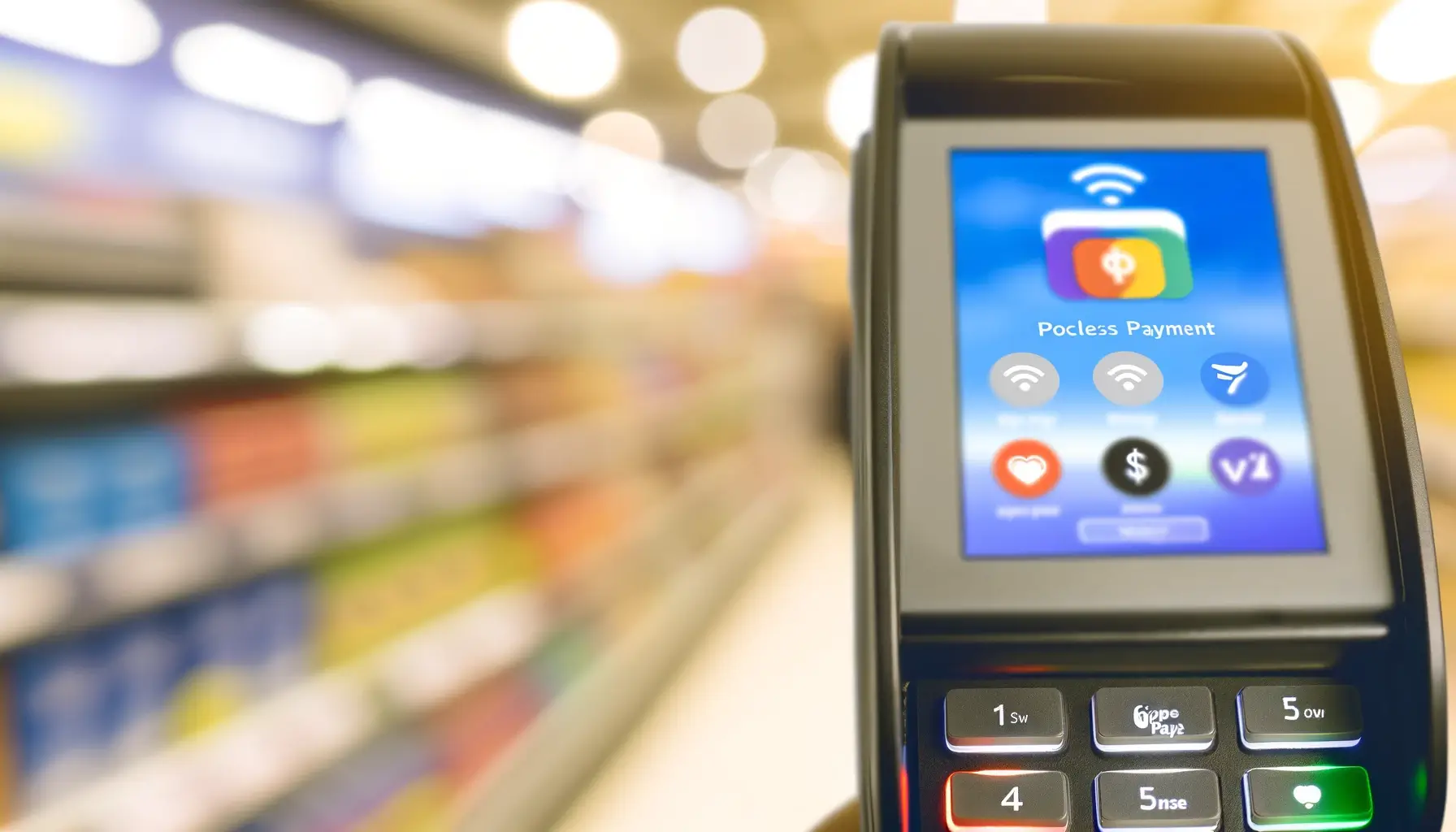 contactless payment machine displaying a successful transaction, with a blurred background of a retail store