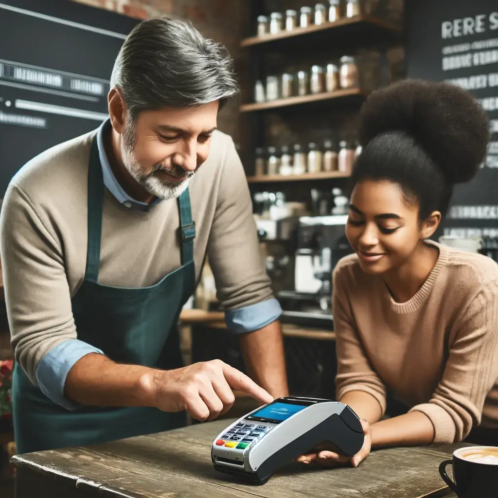A small coffee shop owner and a customer Mastering Contactless Payment Solutions