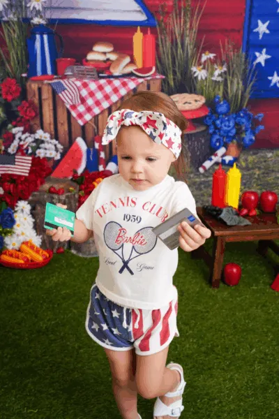Scarlett RWB with blurred cards Scarlett in a patriotic outfit ensuring transparent pricing.